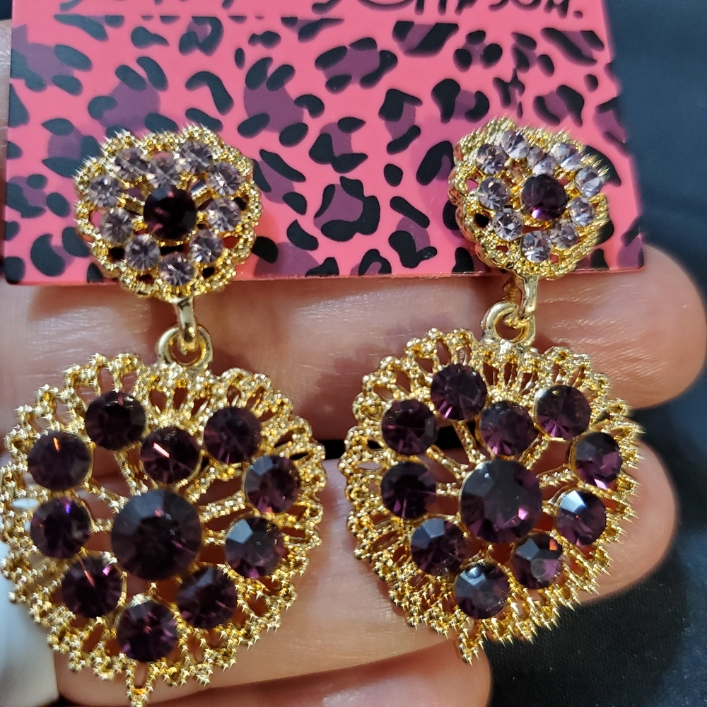 Betsey Johnson Alloy Rhinestone Purple Love Heart Drop Earrings
